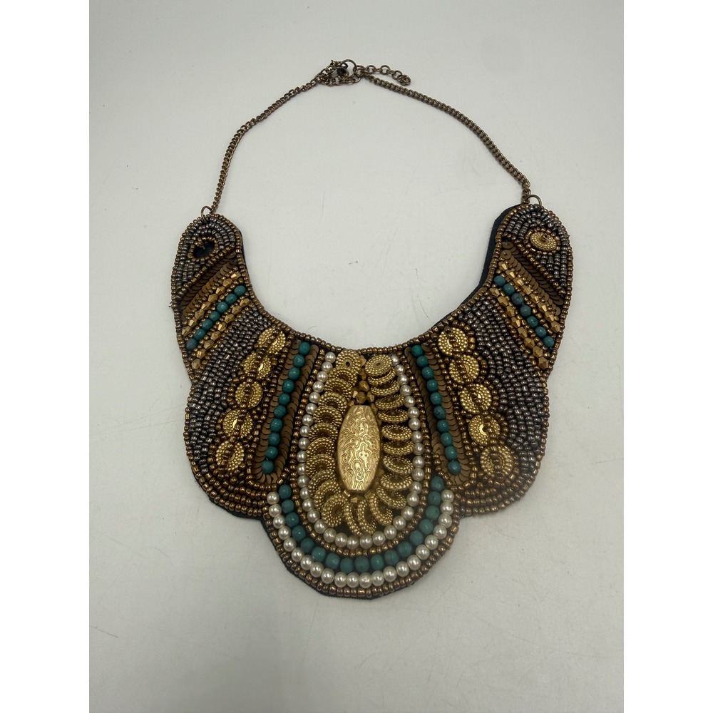 Boho Beaded Statement Bib Necklace Gold Bronze Turquoise Faux Pearl Sequin